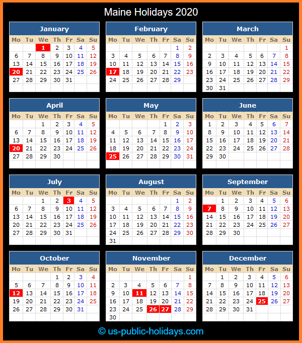 Maine Holiday Calendar 2020